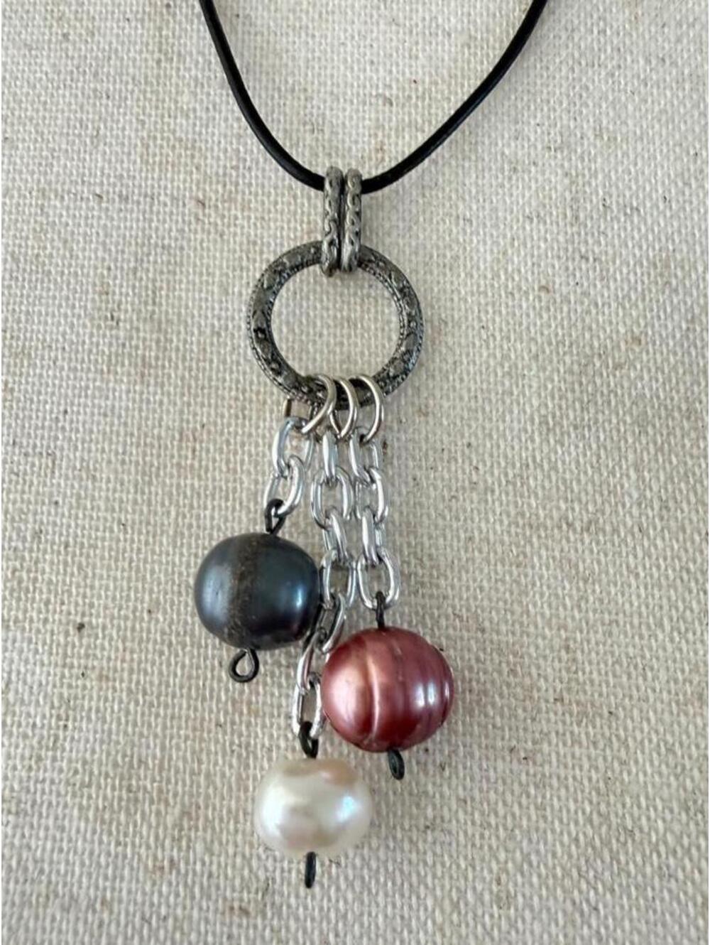 Black Cord Pearl Cluster Pendant Necklace